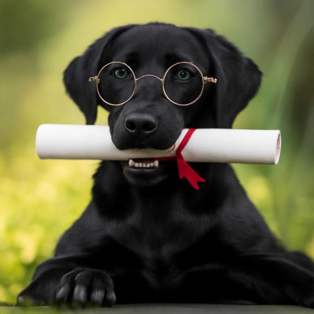 black labrador laying on some grass with his diploma in his mouth and wearing glasses